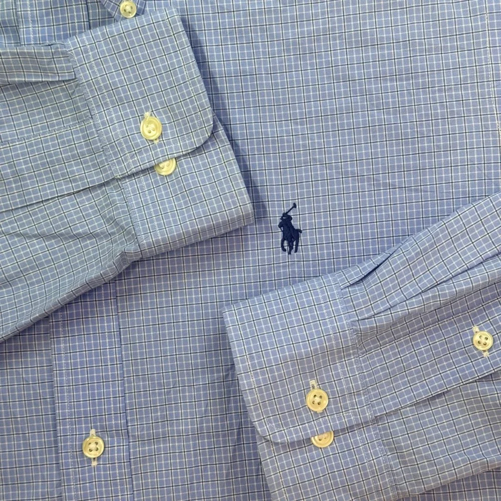 Ralph Lauren Button Down‎ Shirt Men XL Blue Micro Check Classic Fit Pony Preppy